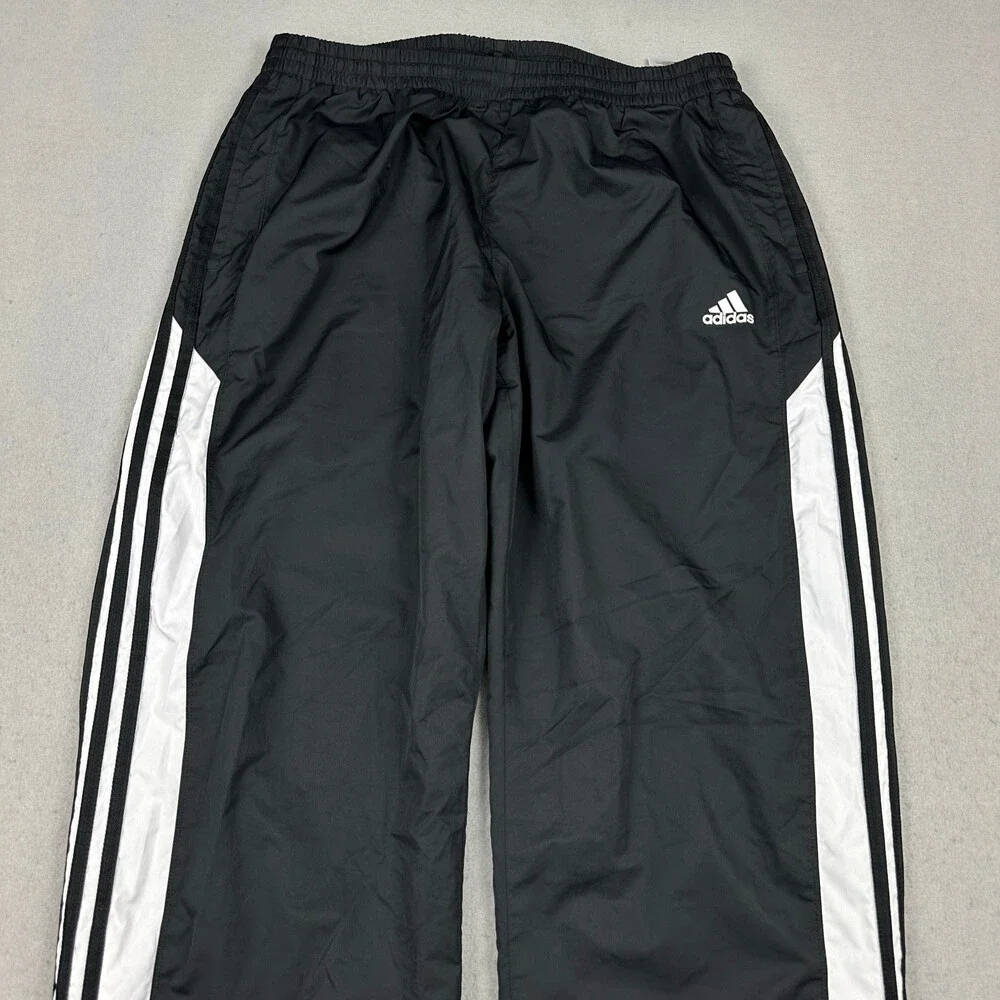 Adidas Pants Men XL Black White 3 Stripe Windbreaker Mesh Lined Zip Hem Sports